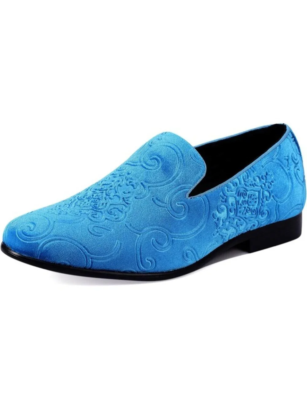 Amali Men's Pool Blue Paisley Embossed Velvet Loafers Trim Slip On Tuxedo Shoes